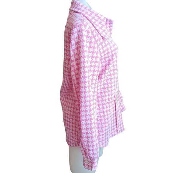Medium Vintage 1970s Blazer Top Houndstooth Pink Disco Collar Dallas Texas Grann - Picture 5 of 7